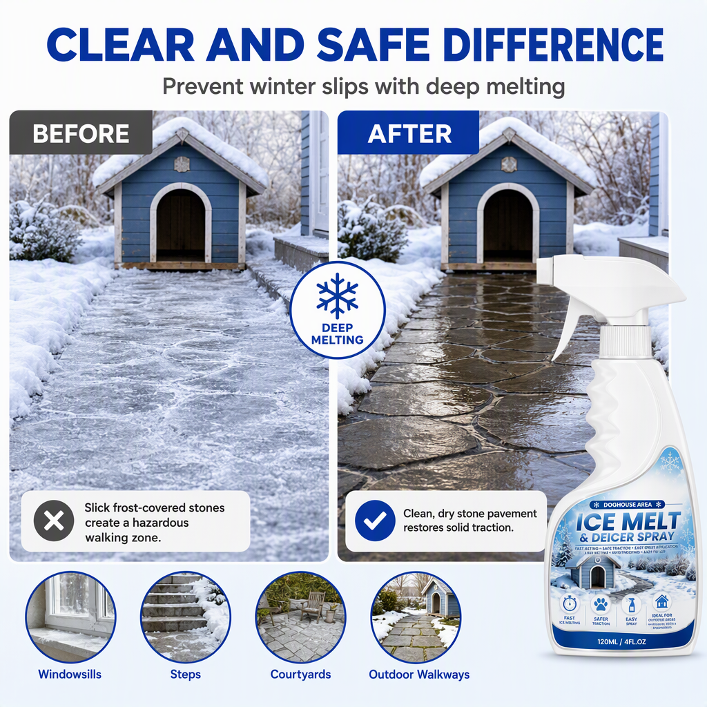 Outdoor De-Icing & Snow Melting Spray – pet-safe, dissolves frost on contact. Clear steps, walkways & patios fast 🔥